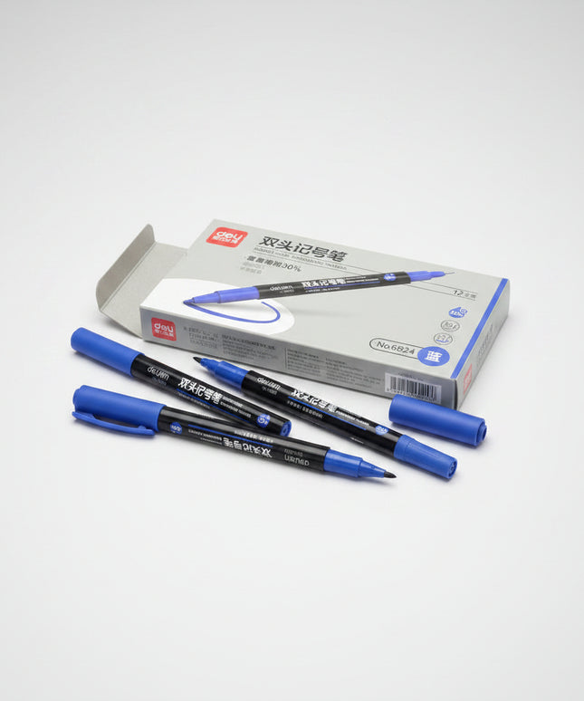 Deli double-headed marker pen set with packaging on a dark background