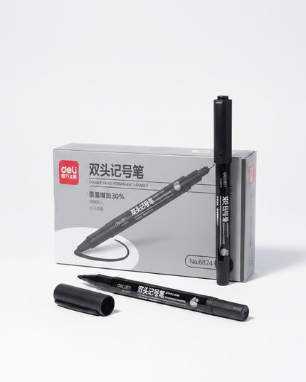 Two black markers with a Deli brand box on a dark background