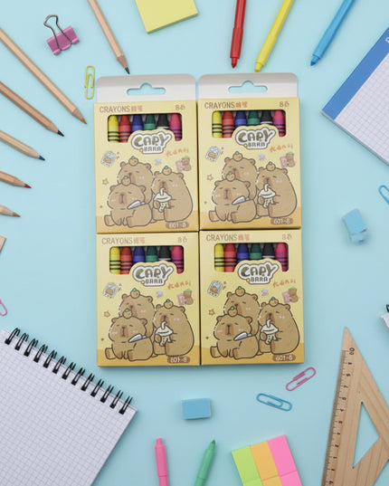 Box of Crayons with cartoon bear design on a white background