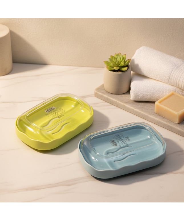 Two rectangular containers, one green and one blue, on a light gray background.