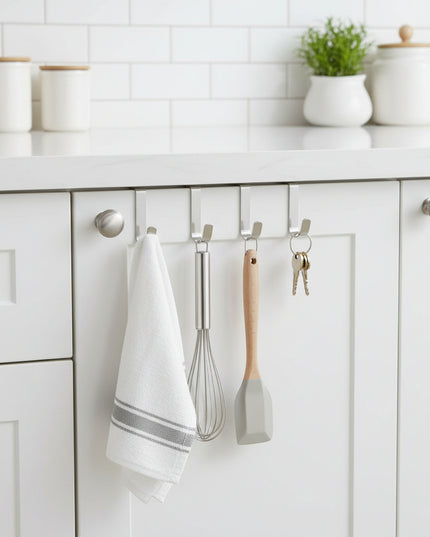 Multi-functional cabinet door hooks in packaging on a white background