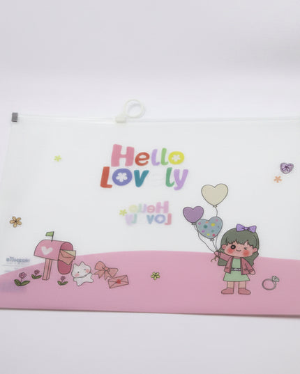 Children's wall chart with cartoon characters and 'Hello Lovely' text on a pink background.