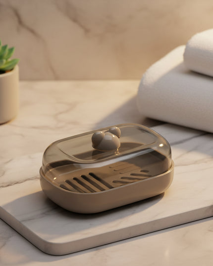 Gray soap dish with a lid on a white background