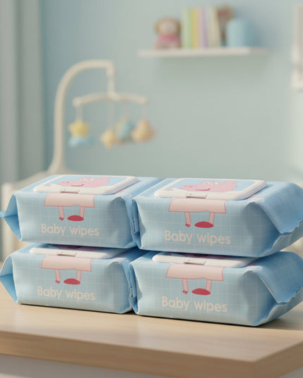 Pack of wipes with a cartoon pig design on a light gray background