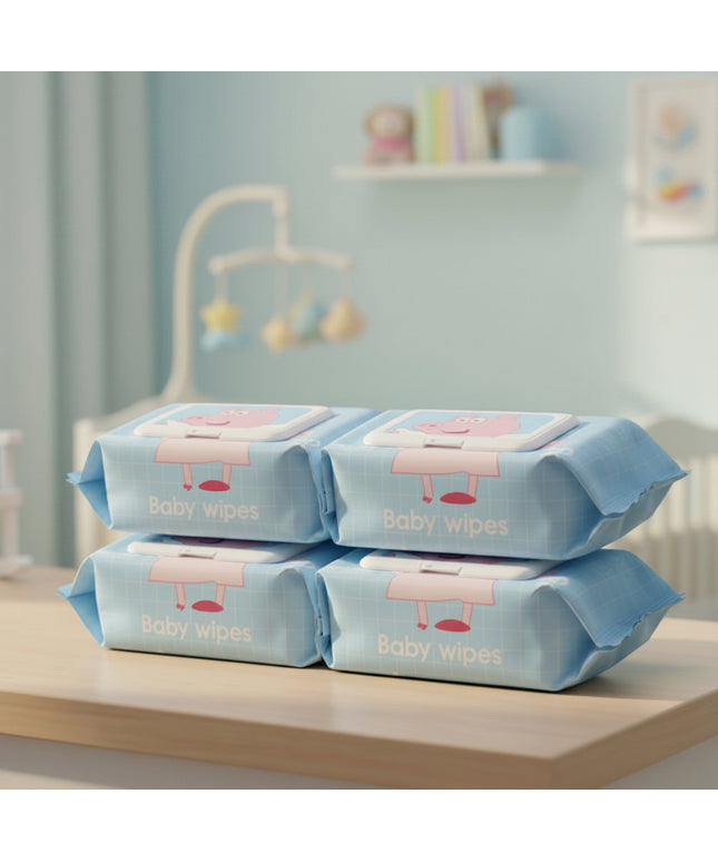 Pack of wipes with a cartoon pig design on a light gray background