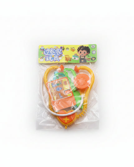 Toy stethoscope in clear packaging with a colorful label on a white background