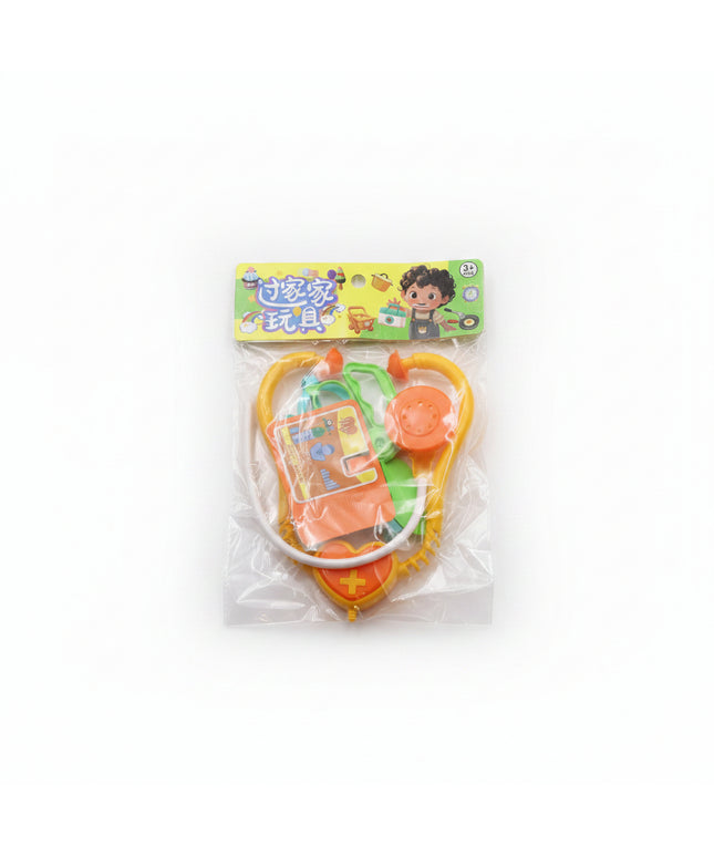 Toy stethoscope in clear packaging with a colorful label on a white background