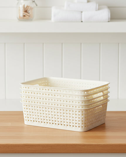 Stack of white woven baskets on a dark background