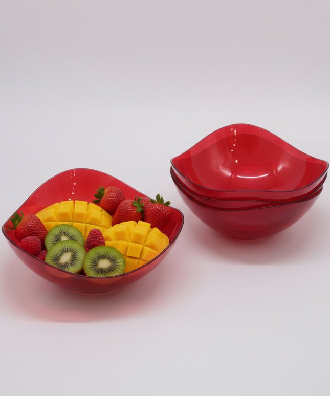 Red plastic bowl with a yellow label on a white background