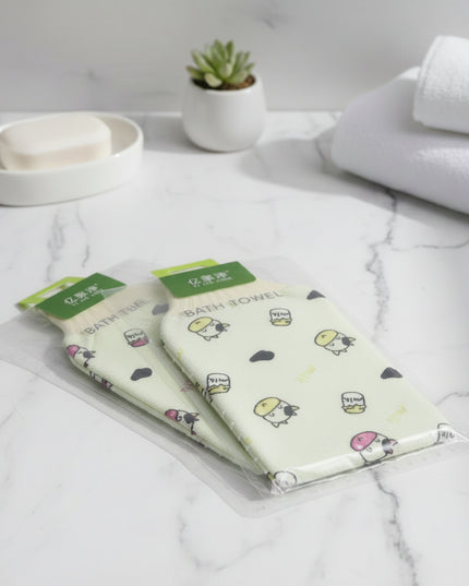 Two cartoon-themed bath towels with packaging on a gray background