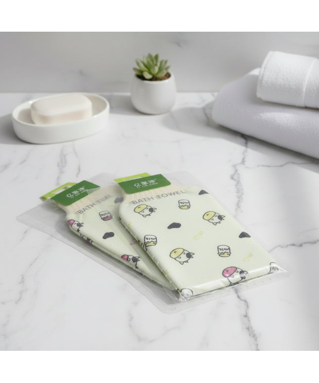 Two cartoon-themed bath towels with packaging on a gray background