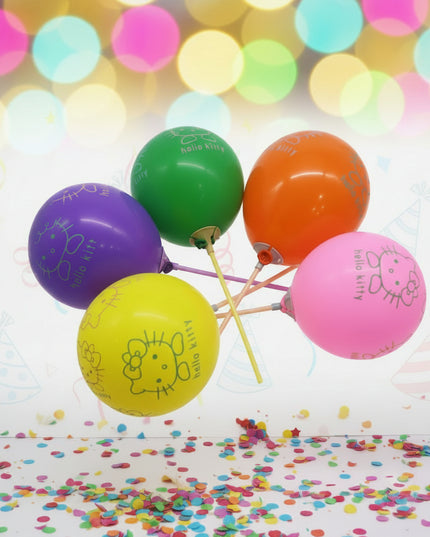 Colorful balloons with Hello Kitty designs on a white background