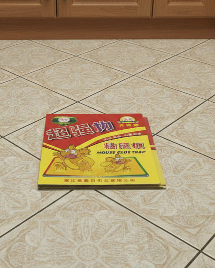 Mouse glue trap packaging with a cartoon mouse on a white background