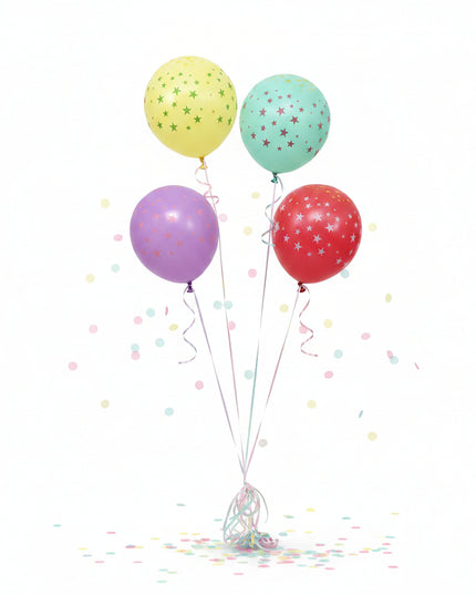 Four colorful balloons with star patterns on a white background