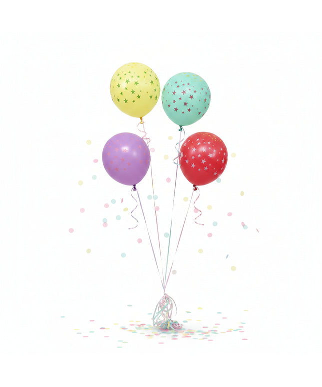 Four colorful balloons with star patterns on a white background