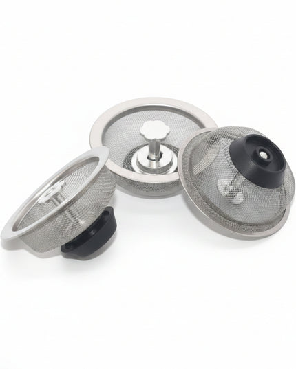 Three mesh strainers with black rubber gaskets on a gray background