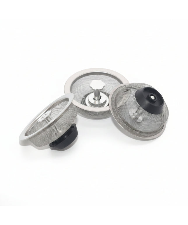 Three mesh strainers with black rubber gaskets on a gray background