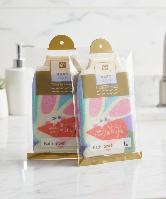 Two packages of bath towels with colorful designs on a gray background