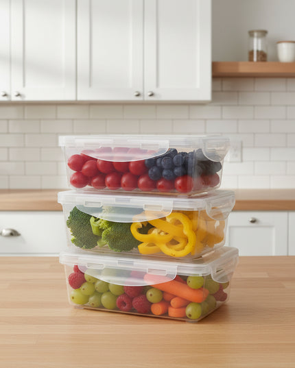Set of three stacked plastic containers with lids on a blue background