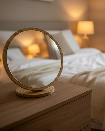 Round Wooden Tabletop Mirror