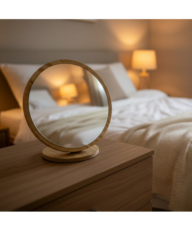 Round Wooden Tabletop Mirror