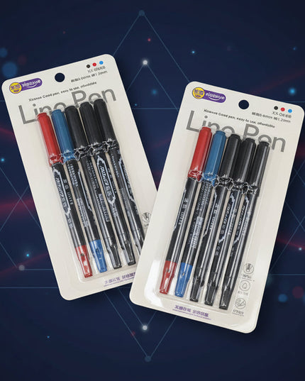 Two packages of pens with red, blue, and black ink on a dark background