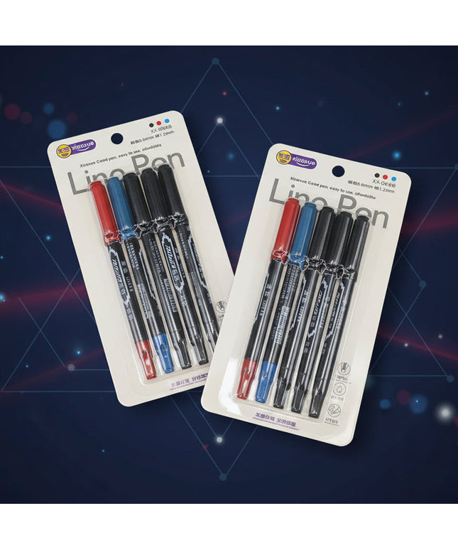 Two packages of pens with red, blue, and black ink on a dark background