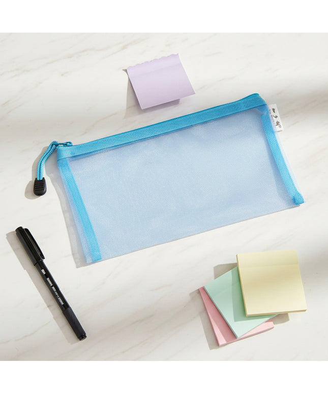 Blue mesh pouch with a zipper on a black background
