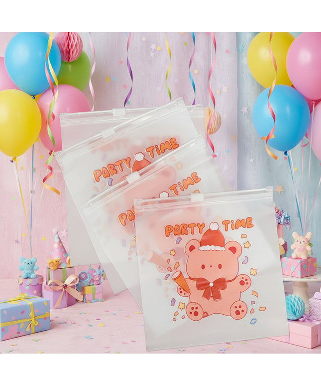Clear plastic bags with cartoon bear and 'Party Time' text on a dark background