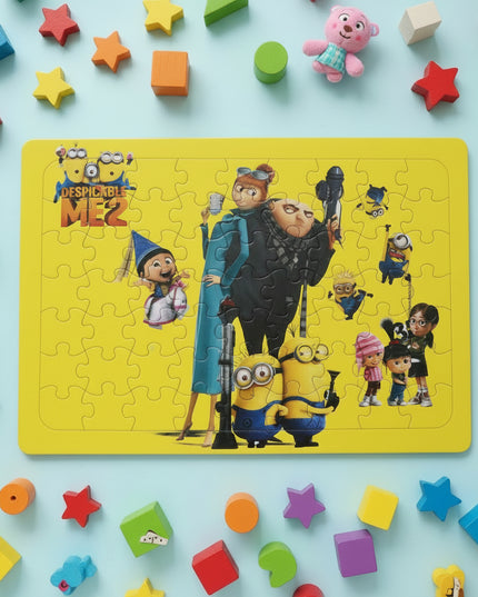 Despicable Me 2 puzzle packaging with characters on a yellow background