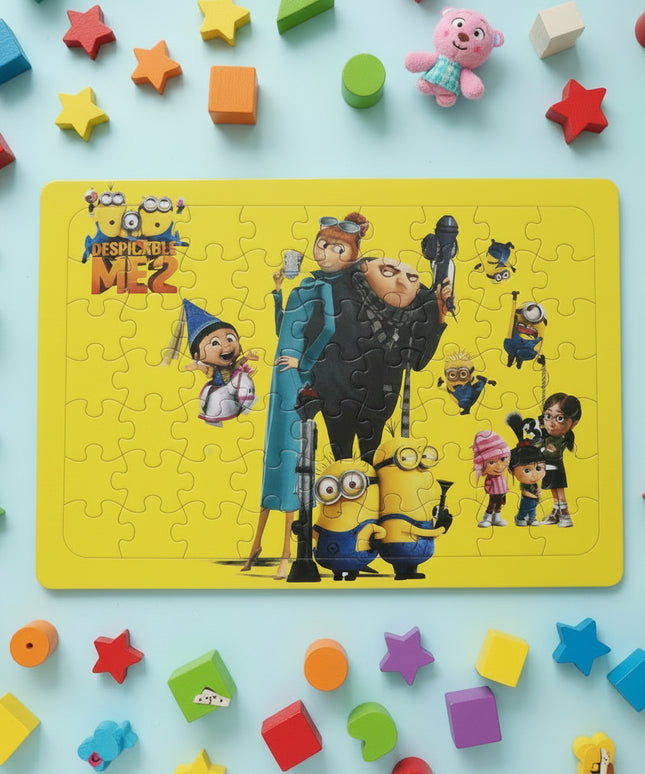 Despicable Me 2 puzzle packaging with characters on a yellow background