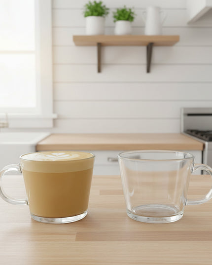 Two clear glass mugs on a cardboard surface with a blurred background