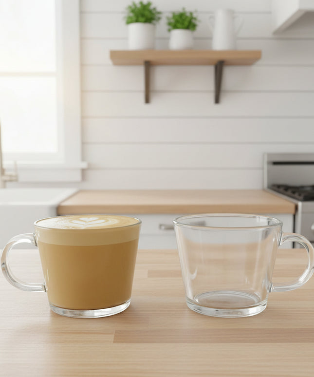 Two clear glass mugs on a cardboard surface with a blurred background