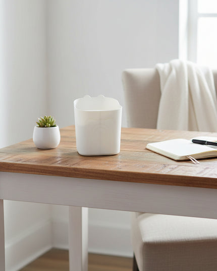 White plastic container on a cardboard surface with a blurred background