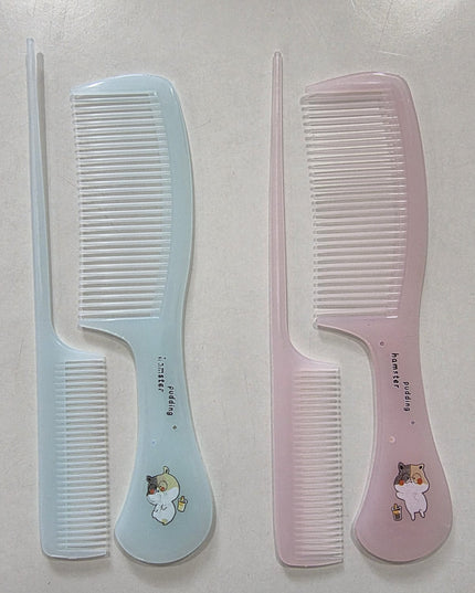 Two combs, one blue and one pink, with cartoon designs on a light gray background.