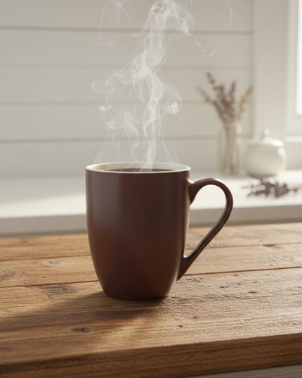 Brown mug on a cardboard surface with a blurred background