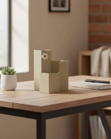 Beige rectangular planters with a decorative flower on a white surface