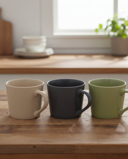 Three mugs in beige, black, and green on a wooden surface with a blurred background.