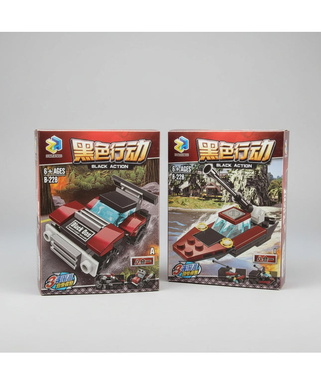 Two toy packaging boxes with a black background