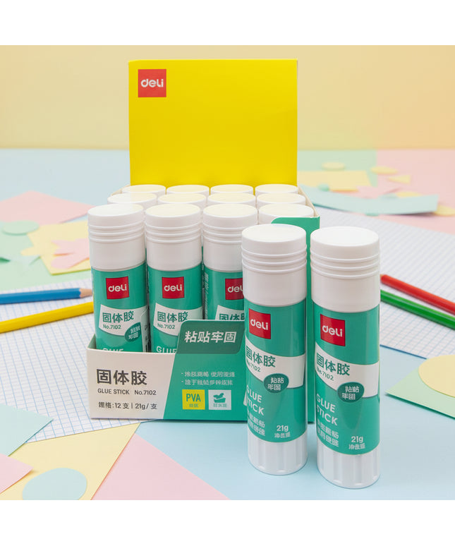 Multiple bottles of Deli brand glue sticks with packaging on a black background