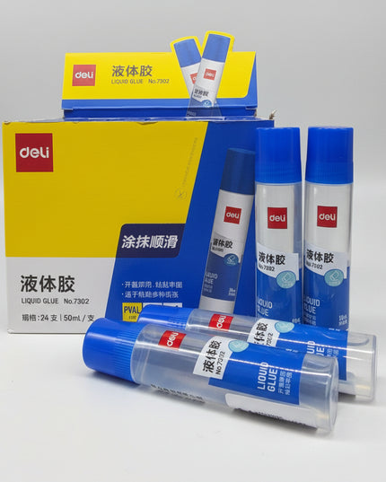 Deli brand liquid glue bottles and packaging on a black background