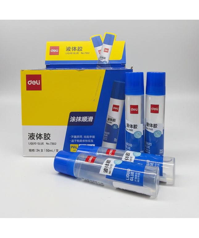 Deli brand liquid glue bottles and packaging on a black background