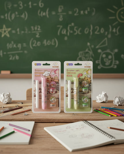Two packages of eraser sets with cartoon designs on a dark background