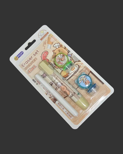 Packaged eraser set with cartoon designs on a dark background