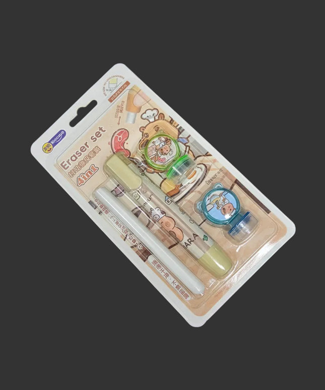 Packaged eraser set with cartoon designs on a dark background
