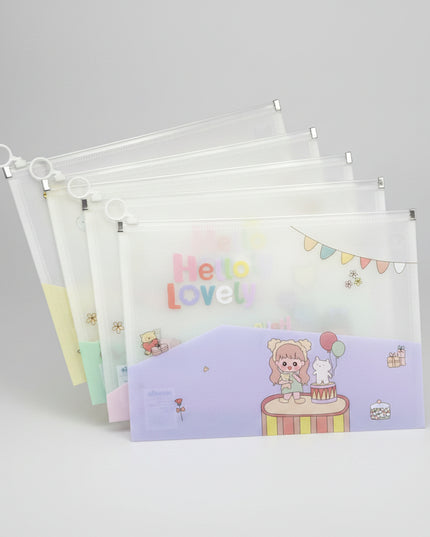 Set of clear plastic bags with colorful designs on a black background