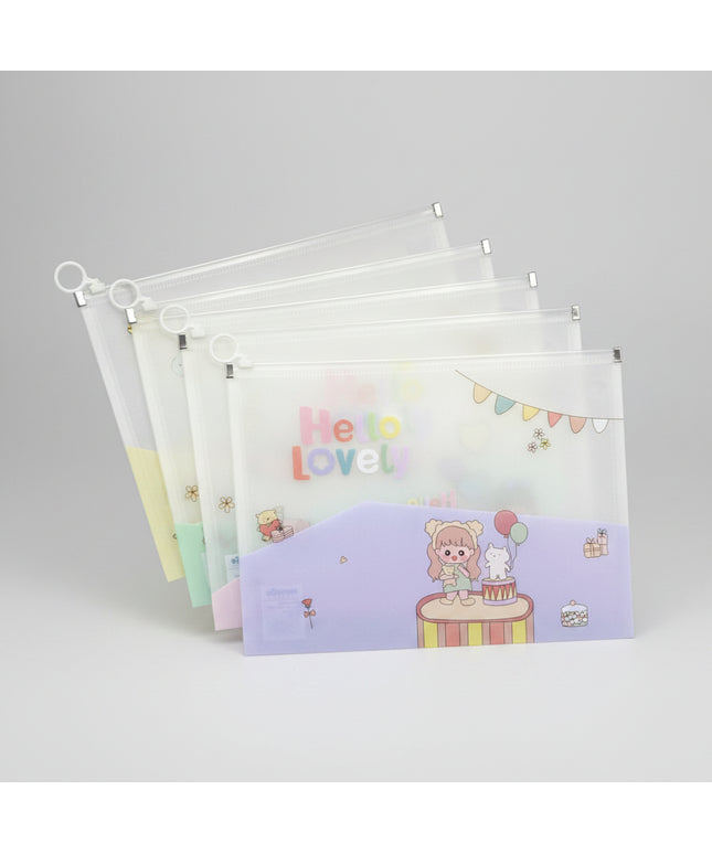 Set of clear plastic bags with colorful designs on a black background