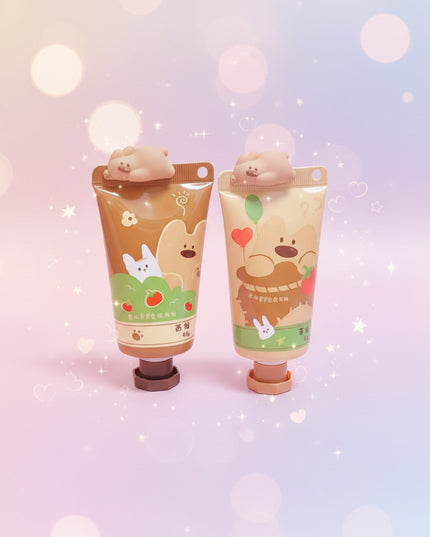 Two cartoon bear-themed hand creams on a black background