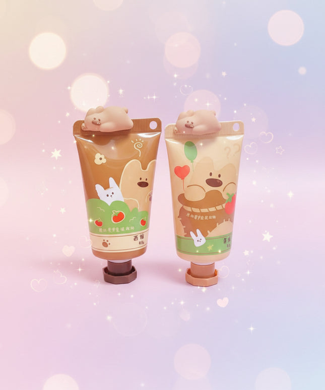 Two cartoon bear-themed hand creams on a black background