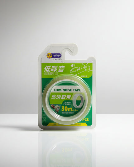 Packaged green tape with label on a dark background